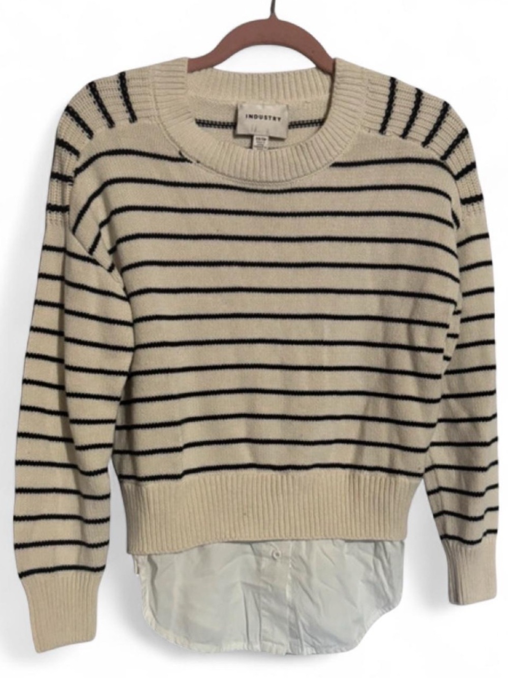 Industry Layered Hem Striped Crewneck Sweater Size XS Faux Shirt Poplin Detail